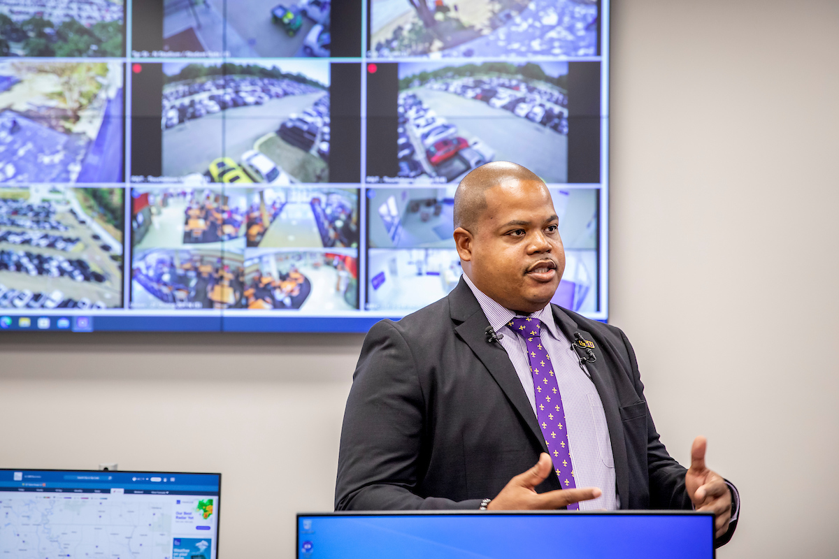 Michael Antoine speaks to media at the LSU EOC headquarters