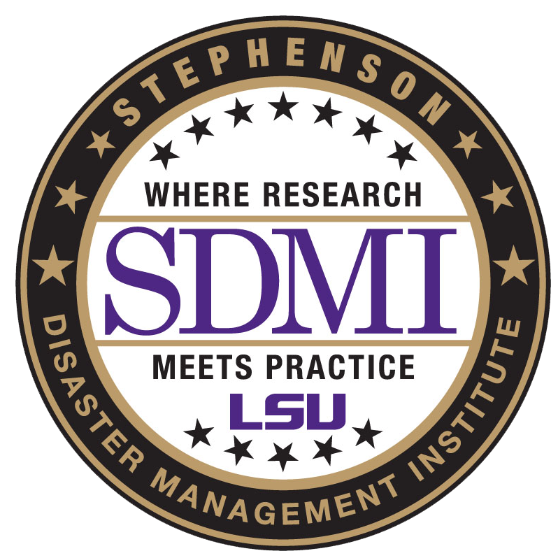 Round SDM logo including the words, "Stephenson Disaster Management Institute - Where Research Meets Practice - LSU