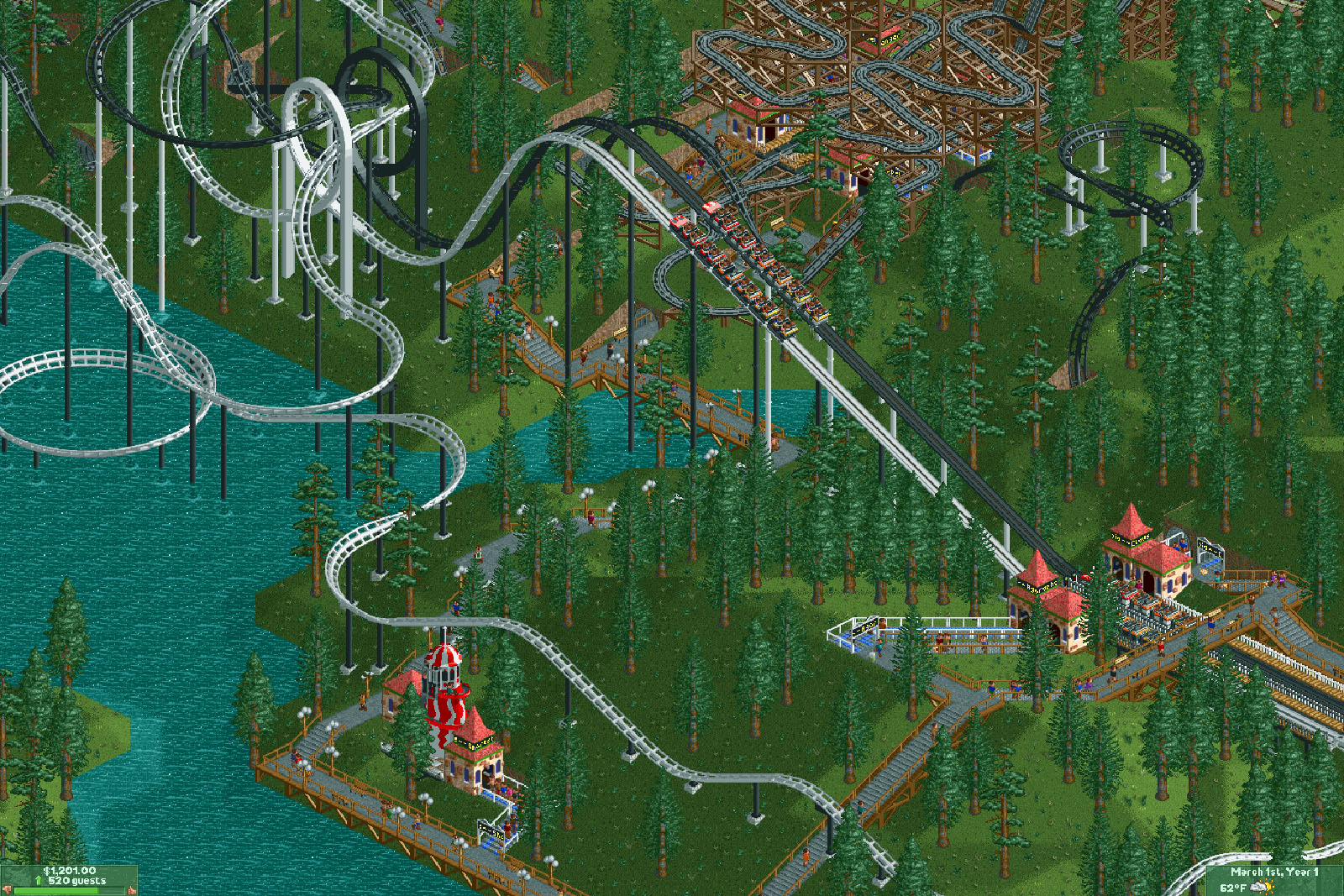 A screenshot from the 1999 video game "RollerCoaster Tycoon".