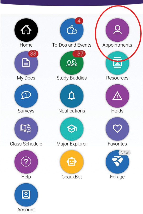 screen shot of navigate app home page with Appointment option circled