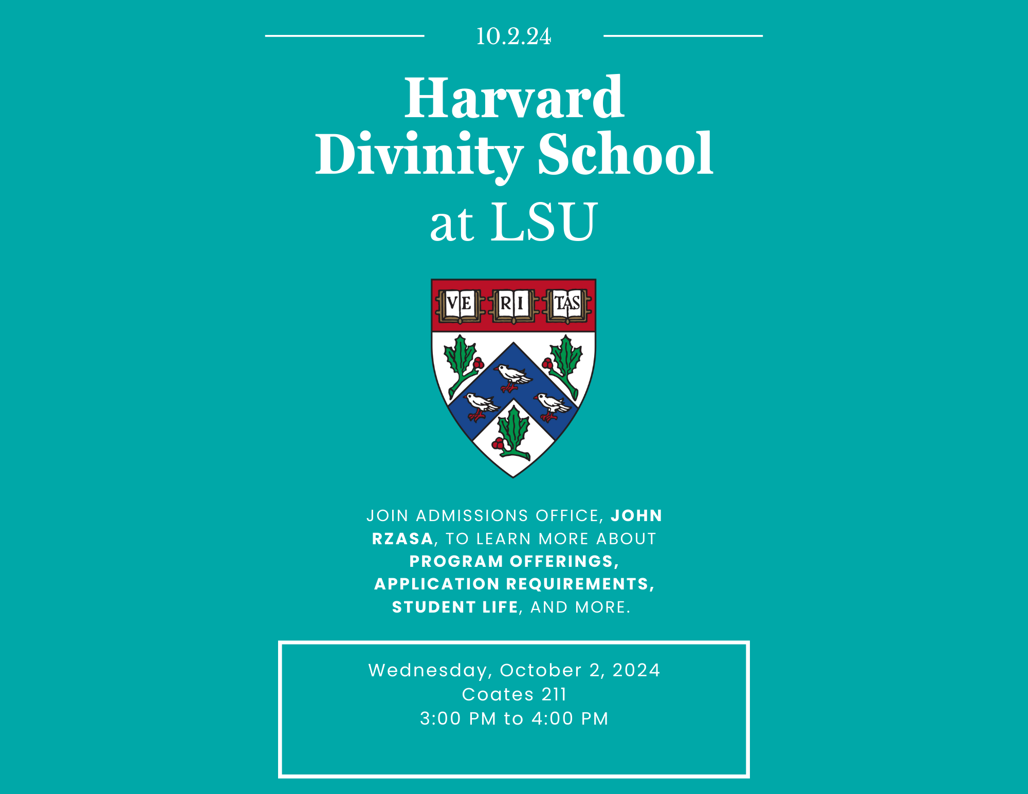 Flyer for Harvard Divinity School at LSU event.