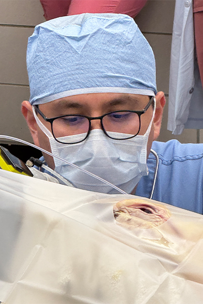 Dr. Hugo Gonzalez, Zoological Medicine resident, views the surgical site.